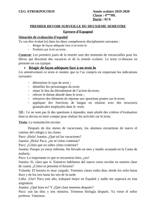 Première page de Espagnol 4e ML — 1er devoir surveillé, 2e semestre (2019-2020) · CEG ATROKPOCODJI