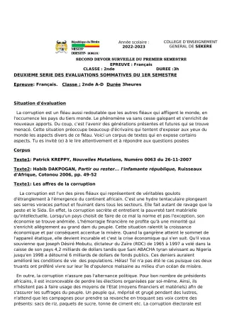 Première page de Français 2nde A2, 2nde D — 2e devoir surveillé, 1er semestre (2022-2023) · CEG SEKERE
