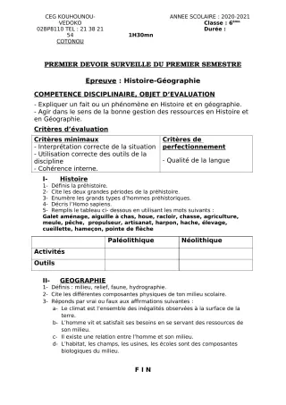 Première page de Histoire-Géographie 6e — 1er devoir surveillé, 1er semestre (2020-2021) · CEG Kouhounou-Vêdoko