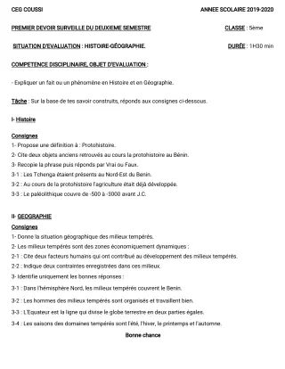 Première page de Histoire-Géographie 5e — 1er devoir surveillé, 2e semestre (2019-2020) · CEG COUSSI