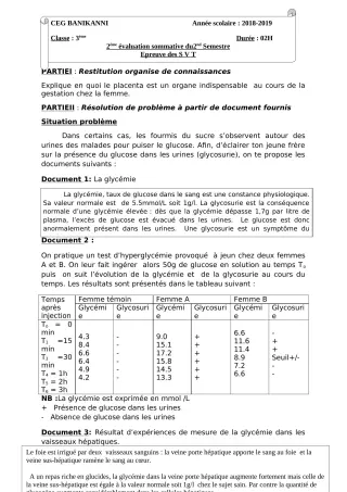 Première page de SVT 3e, 3e ML — 2e évaluation sommative, 2e semestre (2018-2019) · CEG Banikanni