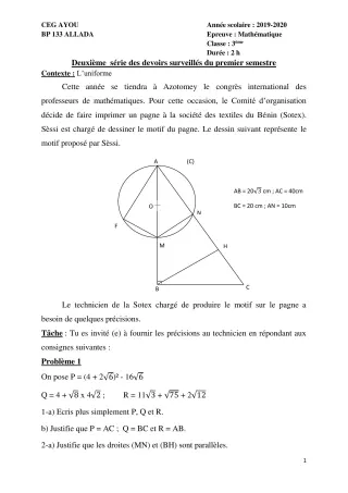 Première page de Mathématiques 3e — 2e devoir surveillé, 1er semestre (2019-2020) · CEG AYOU