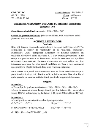 Première page de PCT 2nde C — 2e production scolaire, 1er semestre (2019-2020) · CEG du Lac