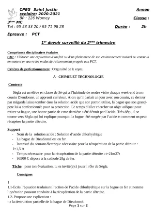 Première page de PCT 3e — 1er devoir surveillé, 2e trimestre (2020-2021) · CPEG SAINT Justin