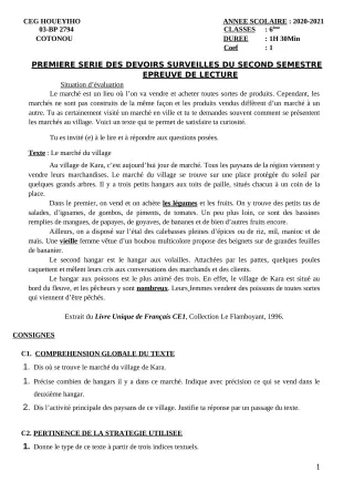 Première page de Français 6e — 1er devoir surveillé, 2e semestre (2020-2021) · CEG HOUEYIHO