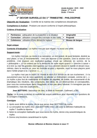 Première page de Philosophie 2nde A, 2nde B — 1er devoir surveillé, 1er trimestre (2019-2020) · CPEG LE PHARAON