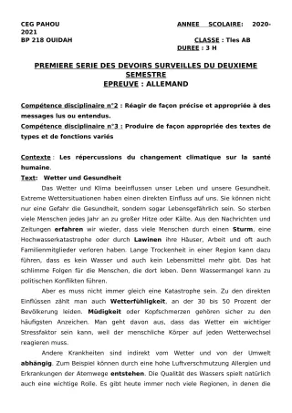 Première page de Allemand Tle A1, Tle A2, Tle B — 1er devoir surveillé, 2e semestre (2020-2021) · CEG PAHOU