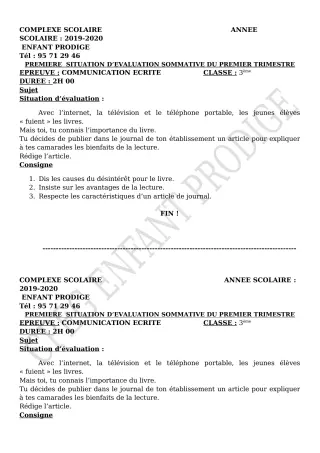 Première page de Français 3e, 3e ML — Évaluation sommative, 1er trimestre (2019-2020) · CPEG ENFANT PRODIGE
