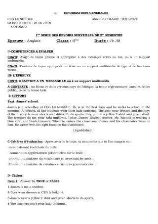 Première page de Anglais 6e — 1er devoir surveillé, 2e semestre (2021-2022) · CEG LE NOKOUE