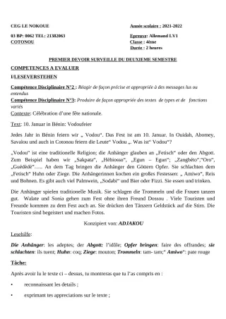 Première page de Allemand 4e — 1er devoir surveillé, 2e semestre (2021-2022) · CEG LE NOKOUE