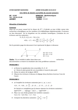 Première page de Mathématiques 6e, 5e — 1er devoir surveillé, 2e semestre (2018-2019) · Lycée Houegbadja d'Abomey (Ex Mafory Bangoura)