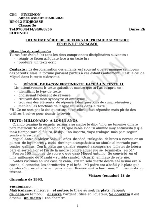 Première page de Espagnol 3e ML — 2e devoir surveillé, 1er semestre (2020-2021) · CEG FIYEGNON