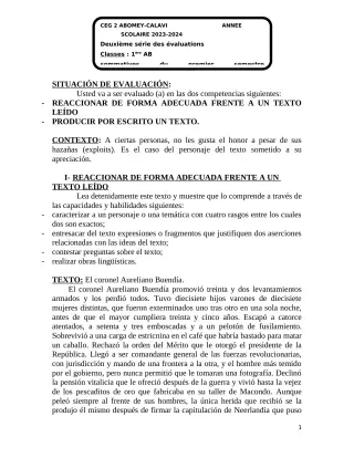 Première page de Espagnol 1ère B — 2e évaluation sommative, 1er semestre (2023-2024) · CEG2 ABOMEY - CALAVI (CEG ZOCA)