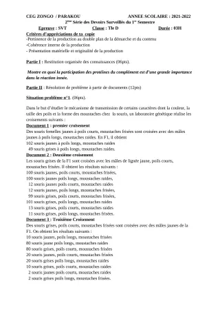 Première page de SVT Tle D — 2e devoir surveillé, 1er semestre (2021-2022) · CEG ZONGO