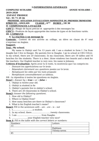 Première page de Anglais 6e — Évaluation sommative, 1er trimestre (2019-2020) · CPEG ENFANT PRODIGE