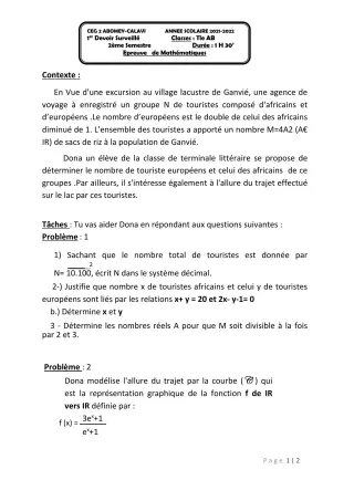 Première page de Mathématiques Tle B — 1er devoir surveillé, 2e semestre (2021-2022) · CEG2 ABOMEY - CALAVI (CEG ZOCA)