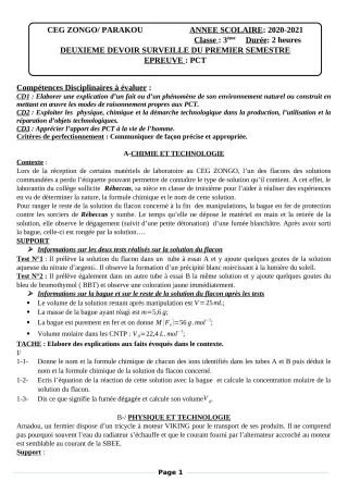 Première page de PCT 6e, 5e, 3e — 2e devoir surveillé, 1er semestre (2020-2021) · CEG ZONGO