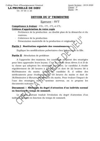 Première page de SVT 3e, 3e ML — Devoir surveillé, 2e trimestre (2019-2020) · CEPG La Prunelle de Dieu
