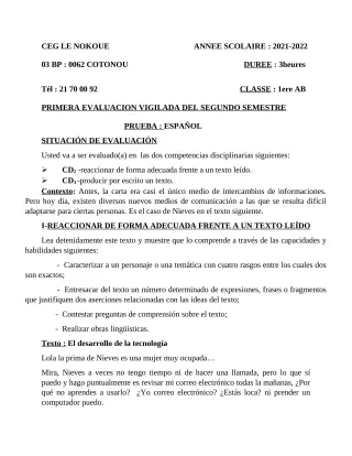 Première page de Espagnol 1ère A1, 1ère A2, 1ère B — 2021-2022 · CEG LE NOKOUE