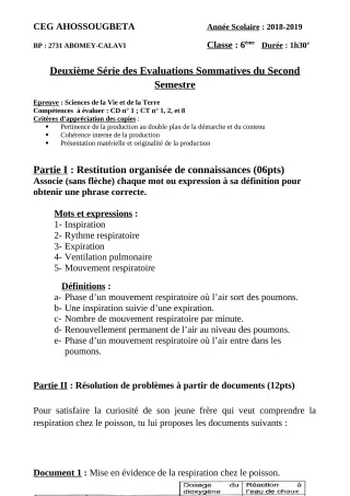 Première page de SVT 6e, 5e, 4e, 4e ML, 3e, 3e ML, 2nde A & B, 2nde D — 2e évaluation sommative, 2e semestre (2018-2019) · CEG Ahossougbéta