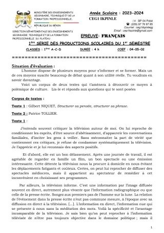 Première page de Français 1ère A, 1ère C, 1ère D — 1re production scolaire, 1er semestre (2023-2024) · CEG1 Ikpinlè