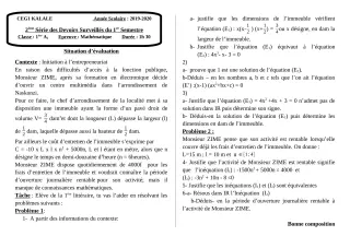 Première page de Mathématiques 1ère A2 — 2e devoir surveillé, 1er semestre (2019-2020) · CEG1 Kalalé