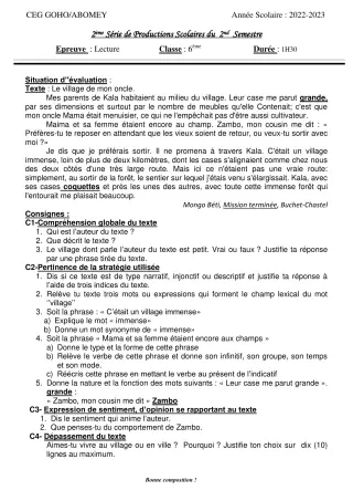 Première page de Français 6e — 2e production scolaire, 2e semestre (2022-2023) · CEG GOHO