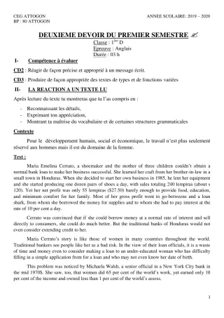 Première page de Anglais 1ère D — 2e devoir surveillé, 1er semestre (2019-2020) · CEG Attogon