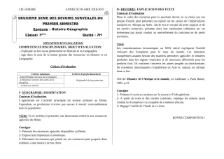 Première page de Histoire-Géographie 3e — 2e devoir surveillé, 1er semestre (2018-2019) · CEG Kpébié