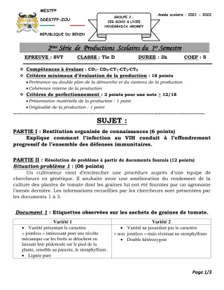Première page de SVT Tle D — 2e production scolaire, 1er semestre (2021-2022) · CEG GOHO