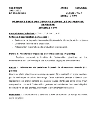 Première page de SVT Tle C — 1er devoir surveillé, 1er semestre (2021-2022) · CEG PAHOU