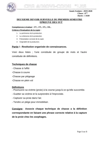 Première page de SVT 6e — 2e devoir surveillé, 1er semestre (2019-2020) · CEG ADJOVICODJI 'LES OLIVIERS'