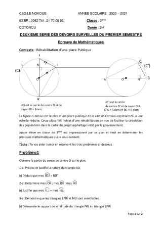 Première page de Mathématiques 3e, 3e ML — 2e devoir surveillé, 1er semestre (2020-2021) · CEG LE NOKOUE