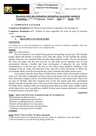 Première page de Anglais 2nde A1, 2nde D — 2e évaluation sommative, 1er semestre (2017-2018) · CEG C.P de Dompago