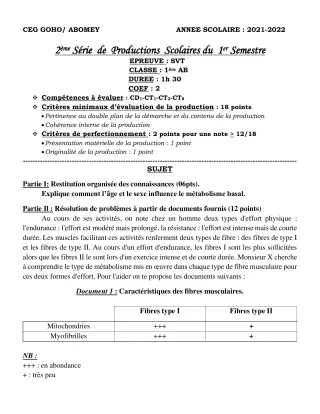 Première page de SVT 1ère A2 — 2e production scolaire, 1er semestre (2021-2022) · CEG GOHO