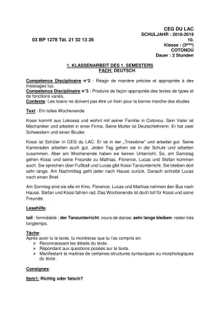 Première page de Devoir surveillé de ALLEMAND — 3e ML — CEG du Lac (2018)