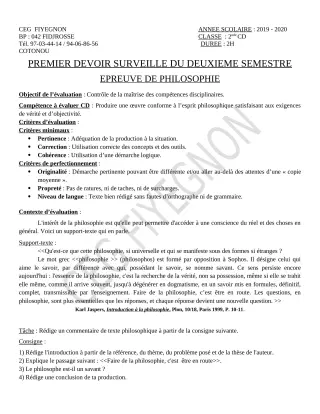 Première page de Philosophie 2nde C, 2nde D — 1er devoir surveillé, 2e semestre (2019-2020) · CEG FIYEGNON