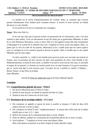 Première page de Français 6e, 5e, 4e, 4e ML, 3e, 3e ML — 1er devoir surveillé, 1er semestre (2019-2020) · CEG Hubert C. MAGA
