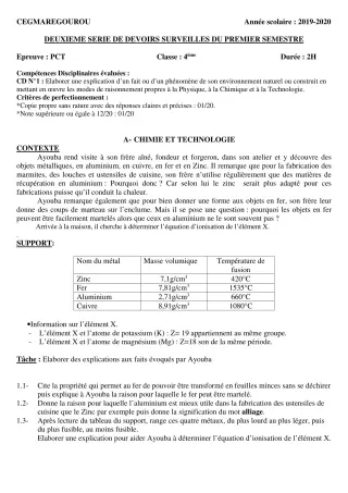 Première page de PCT 4e — 2e devoir surveillé, 1er semestre (2019-2020) · CEG MAREGOUROU