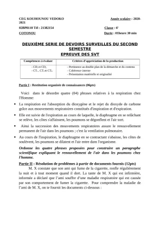Première page de SVT 6e — 2e devoir surveillé, 2e semestre (2020-2021) · CEG Kouhounou-Vêdoko