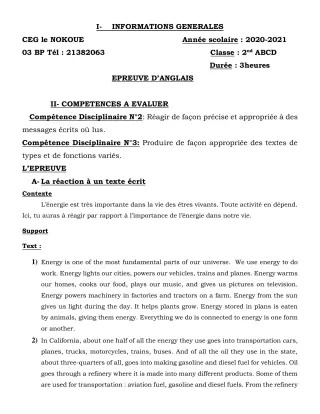 Première page de Devoir surveillé de ANGLAIS — 2nde A1, 2nde A2, 2nde B, 2nde C, 2nde D — CEG LE NOKOUE (2020)