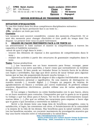 Première page de Espagnol 4e, 3e, 2nde A2, 2nde B, 1ère A2, 1ère B, Tle A2, Tle B — Devoir surveillé, 3e trimestre (2023-2024) · CPEG SAINT Justin