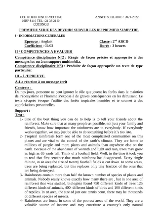 Première page de Anglais 2nde A1, 2nde A2, 2nde B, 2nde C, 2nde D — 1er devoir surveillé, 1er semestre (2021-2022) · CEG Kouhounou-Vêdoko