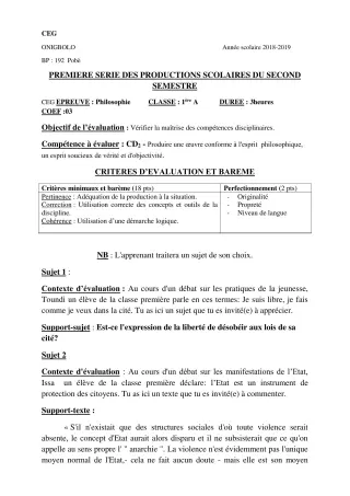 Première page de Philosophie 1ère A2 — 1re production scolaire, 2e semestre (2018-2019) · CEG ONIGBOLO