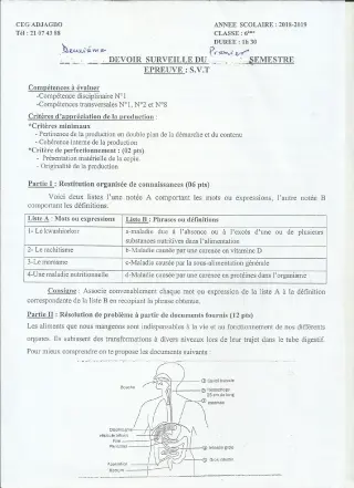 Première page de SVT 6e — Devoir surveillé (2018-2019) · CEG ADJAGBO