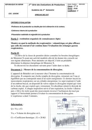 Première page de SVT 3e, 3e ML — Production scolaire, 1er semestre (2020-2021) · CEG SEKERE