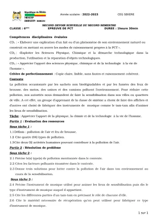 Première page de PCT 6e — 2e devoir surveillé, 2e semestre (2022-2023) · CEG SEKERE