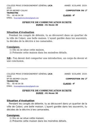 Première page de Français 6e — Composition, 1er trimestre (2019-2020) · CPEG LICA