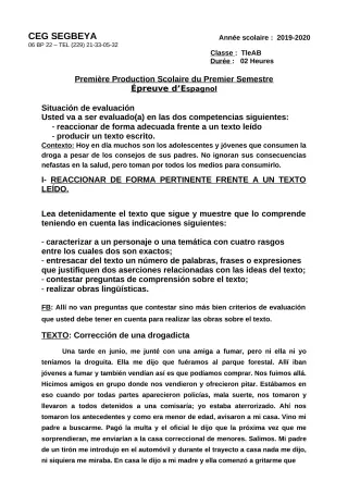 Première page de Espagnol Tle A1, Tle A2, Tle B — 1re production scolaire, 1er semestre (2019-2020) · CEG SEGBEYA