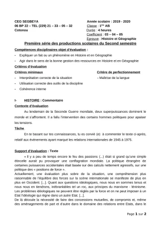 Première page de Histoire-Géographie 1ère A — 1re production scolaire, 2e semestre (2019-2020) · CEG SEGBEYA